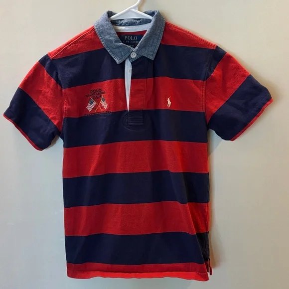 Polo by Ralph Lauren Boys Red and Navy Polo Shirt with Chambray Collar - Picture 1 of 6